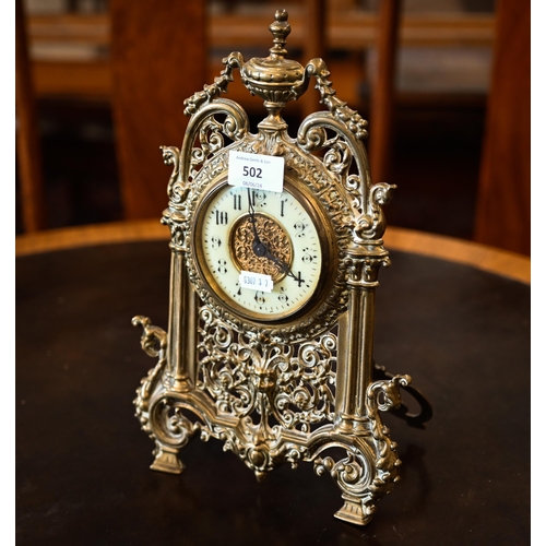 502 - # An antique mantel clock with drum movement in ornate Florentine brass strut frame, 32 cm high