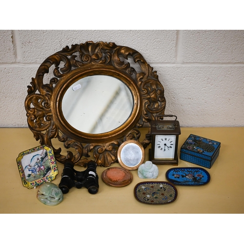 505 - A 19th century carved giltwood oval wall mirror, 40 x 35 cm to/w a Chinese yellow ground enamel squa... 