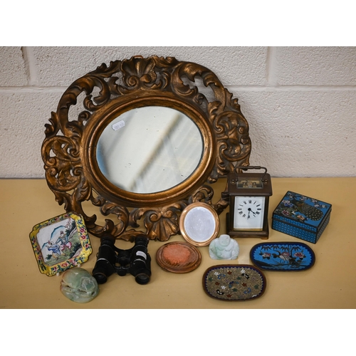 505 - A 19th century carved giltwood oval wall mirror, 40 x 35 cm to/w a Chinese yellow ground enamel squa... 