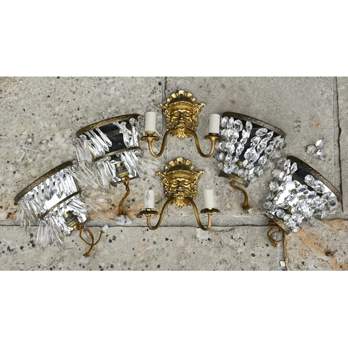 508 - A set of four half-hoop wall lights hung with two tiers of lustres and two brass twin-handle wall sc... 