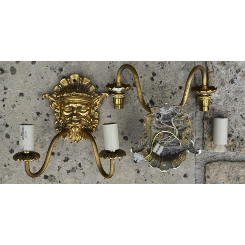 508 - A set of four half-hoop wall lights hung with two tiers of lustres and two brass twin-handle wall sc... 