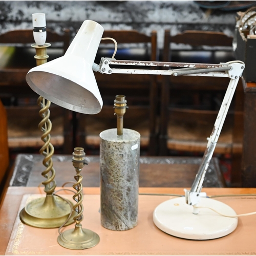 512 - A serpentine marble cylindrical lamp-base, 26 cm high to/w a vintage anglepoise lamp a/f, and two br... 