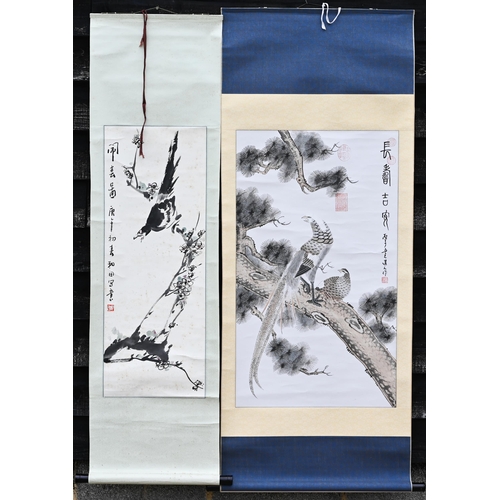 514 - # Five Chinese decorative scrolls in boxes, painted and printed with birds and landscapes