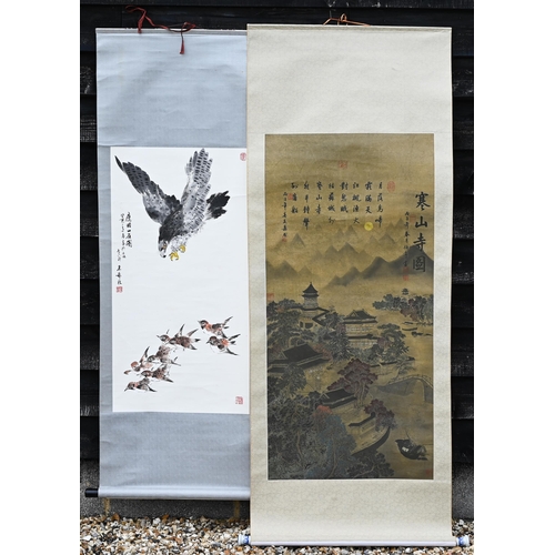 514 - # Five Chinese decorative scrolls in boxes, painted and printed with birds and landscapes