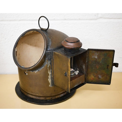 519 - A maritime copper 'Towing' lamp with 'Seahorse' trade mark 28 cm  to/w a compass binnacle cover... 