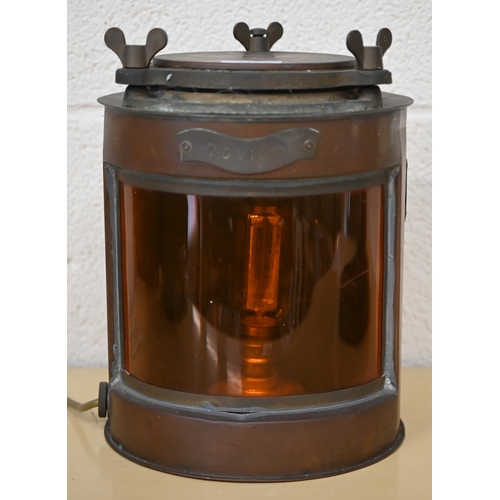 519 - A maritime copper 'Towing' lamp with 'Seahorse' trade mark 28 cm  to/w a compass binnacle cover... 