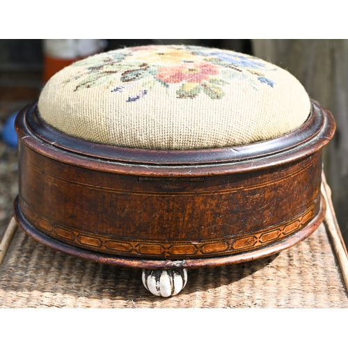 530 - A Victorian bamboo two-tier occasional table to/w a circular gout stool with hinged tapestry top and... 