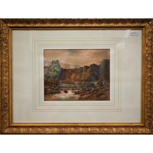 394 - Edwin Long - Highland scene with waterfall on the Llugwy, watercolour, 14.5 x 18.5 cm to/w Albert Bl... 