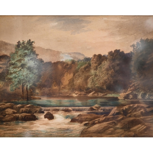 394 - Edwin Long - Highland scene with waterfall on the Llugwy, watercolour, 14.5 x 18.5 cm to/w Albert Bl... 