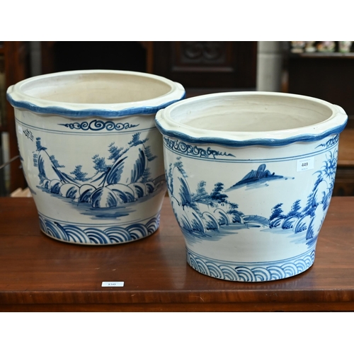 449 - Two Asian chinoiserie-painted blue and white jardinieres, 35 cm diam