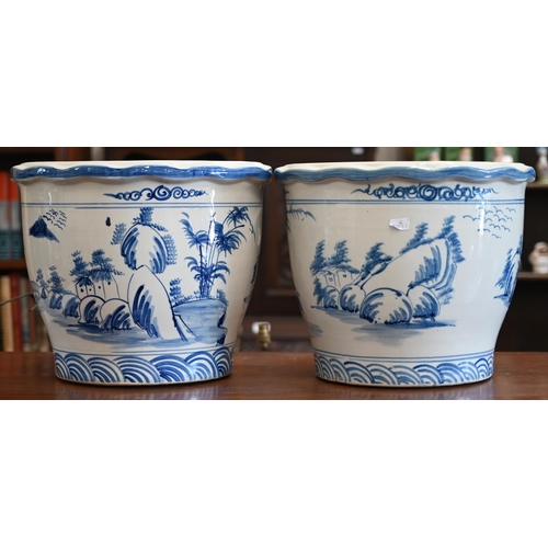 449 - Two Asian chinoiserie-painted blue and white jardinieres, 35 cm diam