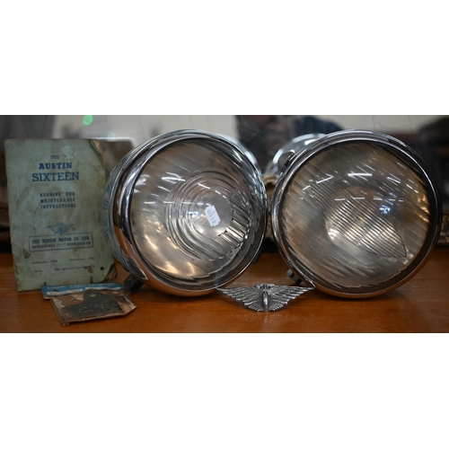 485 - A pair of Lucas 'King of the Road' Austin Sixteen headlights to/w the bonnet-badge, instruction manu... 