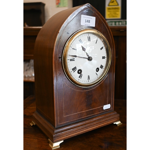 148 - An Edwardian lancet shaped eight-day mantel clock with enamel dial, striking on a coiled gong to/w p... 