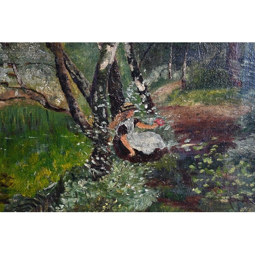 360A - # English school - Young girl picking flowers beneath a tree, oil on canvas, 34 x 50 cm