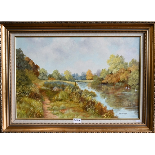 370A - Rena M Edgar - 'Fishing the Avon nr Fordingbridge', oil on canvas, signed, 1989, 39 x 60 cm