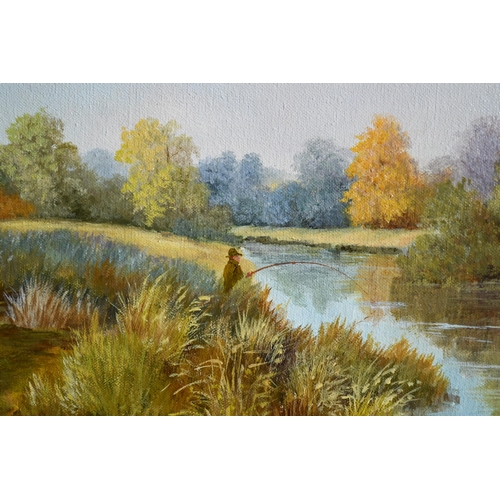 370A - Rena M Edgar - 'Fishing the Avon nr Fordingbridge', oil on canvas, signed, 1989, 39 x 60 cm