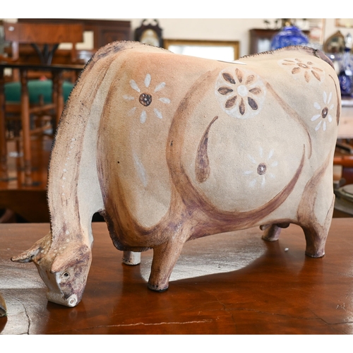 436 - André Lovet (Sidmouth, Devon) - a stoneware bull, signed, no 108, 36 cm long to/w an unmarked studio... 