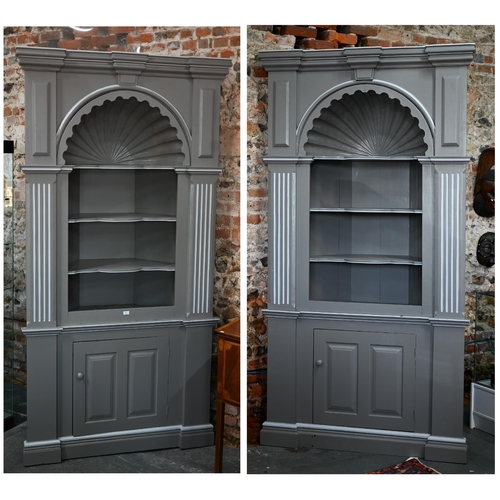 80 - A companion pair of bespoke commissioned Georgian country house styled corner bookcases, with moulde... 