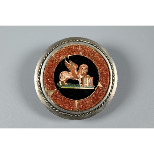 341 - An Italian micro-mosaic depicting the winged lion of St Mark in a black glass roundel within a golds... 