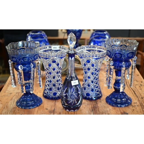 441 - A pair of blue flash glass vases hung with prism lustres, 32 cm high to/w a pair of waisted vases an... 