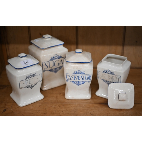 445 - A set of four Art Nouveau named kitchen storage jars, stamped L & Sons Ltd, Hanley, 20/18 cm hig... 