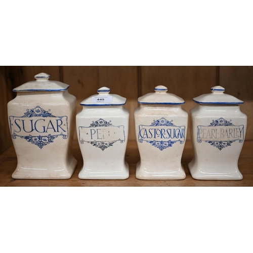 445 - A set of four Art Nouveau named kitchen storage jars, stamped L & Sons Ltd, Hanley, 20/18 cm hig... 