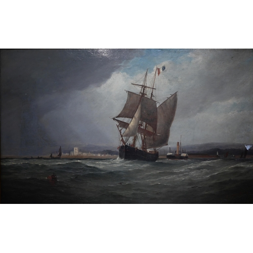 602 - F J Aldridge (1850-1933) - A two-masted ship in an extensive seascape, oil on canvas, signed and dat... 
