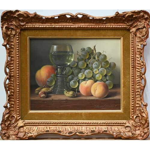 637A - Brian Davies (1942-2014) - Pair of still life studies with fruit, nuts and glasses, oil on board, si... 