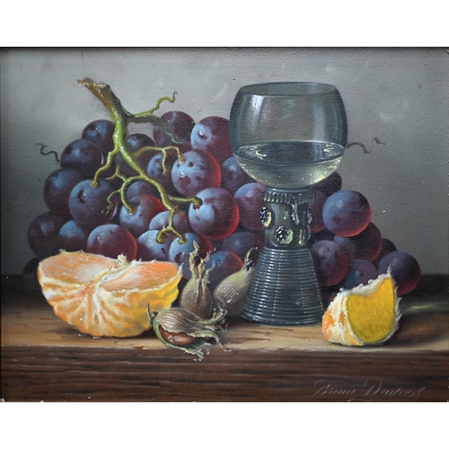 637A - Brian Davies (1942-2014) - Pair of still life studies with fruit, nuts and glasses, oil on board, si... 