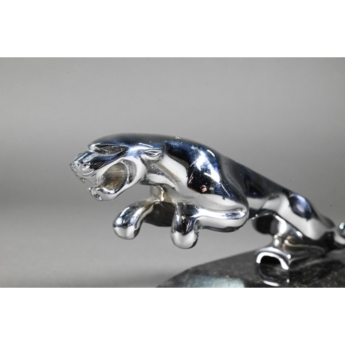 952 - A chrome Jaguar car mascot, 19cm long and a small 'Spirit of Ecstasy' mascot 7cm - both on stone pli... 