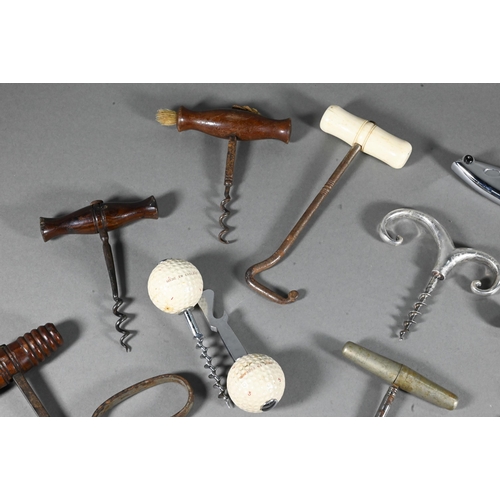 955 - Four Victorian corkscrews with turned wood handles, to/w three 19th century metal corkscrews and a s... 