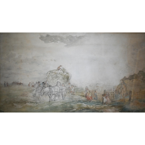 670 - English school - Villagers at harvest time, pencil and wash sketch, indistinctly signed lower left, ... 