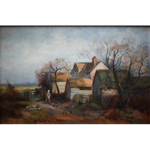 680 - French school - Feeding the chickens, oil on canvas, 29 x 44 cm