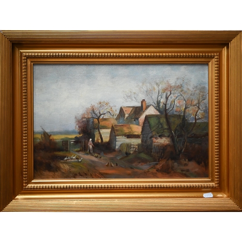680 - French school - Feeding the chickens, oil on canvas, 29 x 44 cm