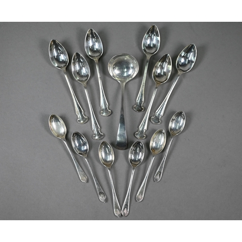 102 - Two sets of six silver coffee spoons and a sauce ladle, various makers, Sheffield 1921/30/09, 5.9oz ... 