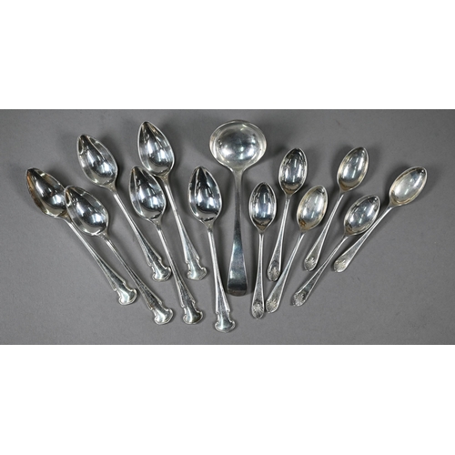 102 - Two sets of six silver coffee spoons and a sauce ladle, various makers, Sheffield 1921/30/09, 5.9oz ... 