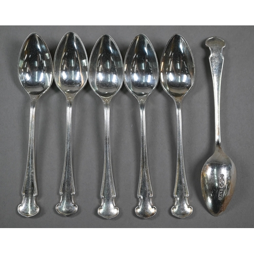 102 - Two sets of six silver coffee spoons and a sauce ladle, various makers, Sheffield 1921/30/09, 5.9oz ... 