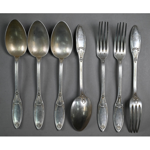 114 - Four Belgian .800 grade tablespoons and three matching table forks, 17.6oz, to/w a silver hand-mirro... 
