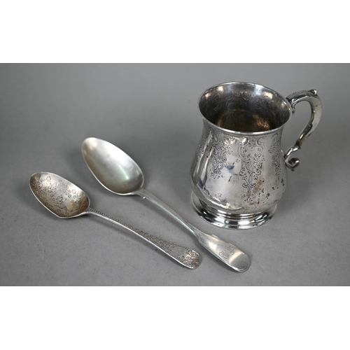 116 - A George II silver baluster mug with scroll handle and moulded foot-rim (later engraved decoration),... 
