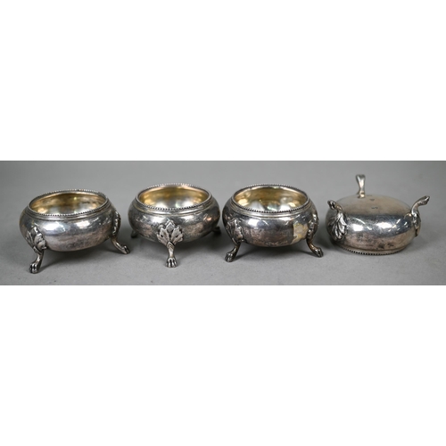 119 - A set of four Victorian silver salts with beaded rims and claw feet, Richards & Brown, London 18... 