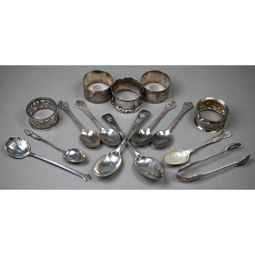 121 - Five various late Victorian silver napkin rings , to/w a quantity of teaspoons, etc., 9oz