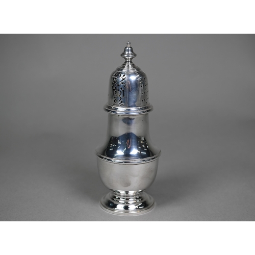 135 - A heavy quality silver baluster sugar caster, Atkin Brothers, Sheffield 1937, 10.2oz, 19cm high