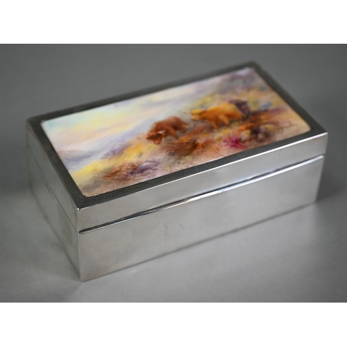 164 - A silver cigarette box, the engine-turned cover inset with a ceramic plaque painted with Highland ca... 