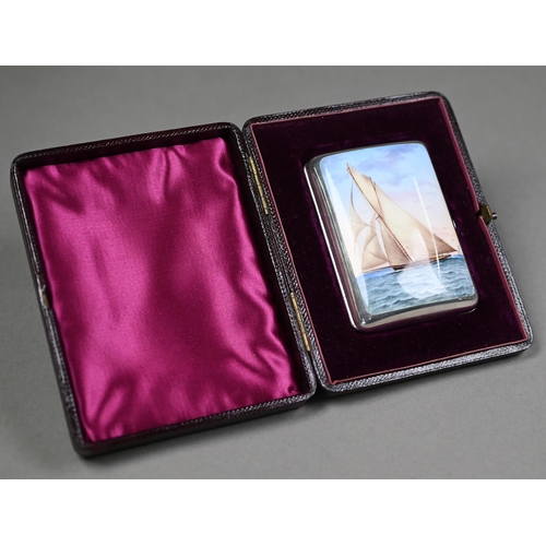 165 - A Victorian silver cigarette case, the enamel cover painted with a J-Class yacht under sail, Sampson... 