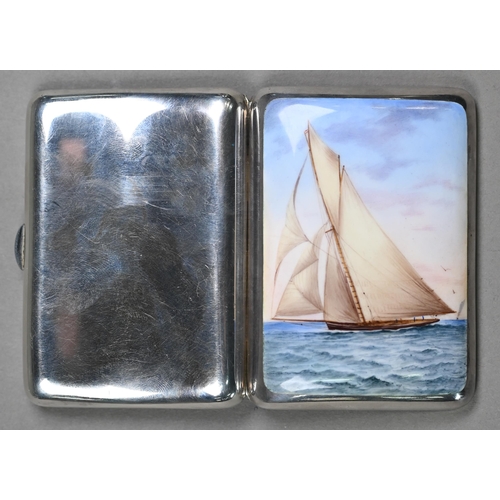 165 - A Victorian silver cigarette case, the enamel cover painted with a J-Class yacht under sail, Sampson... 