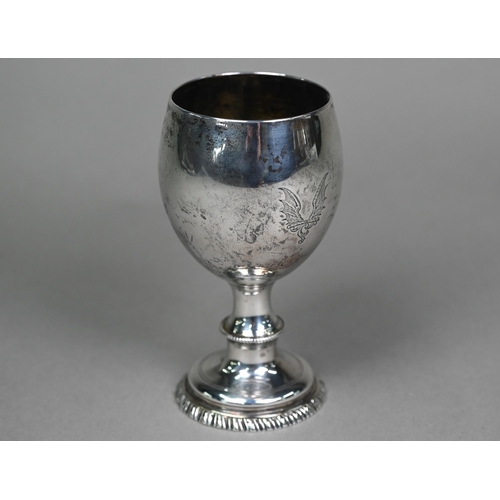 167 - A Georgian silver goblet with ovoid bowl, on blade knop stem and domed foot with gadrooned rim, mark... 