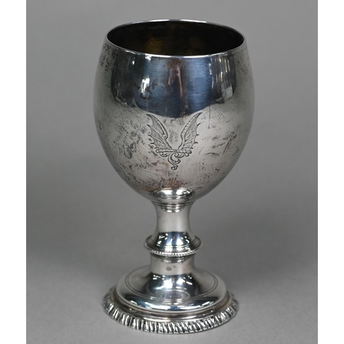 167 - A Georgian silver goblet with ovoid bowl, on blade knop stem and domed foot with gadrooned rim, mark... 