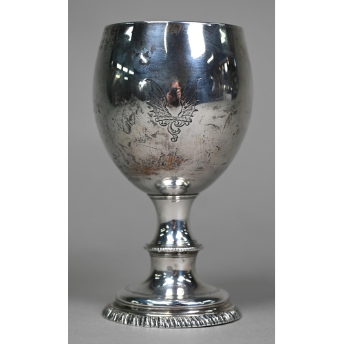 167 - A Georgian silver goblet with ovoid bowl, on blade knop stem and domed foot with gadrooned rim, mark... 