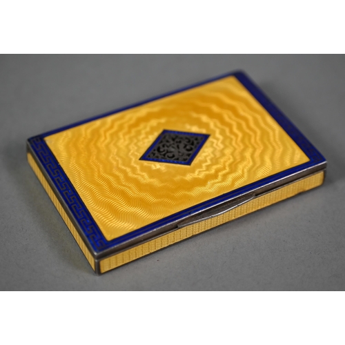 170 - An Austro-Hungarian .950 grade card case, the yellow and blue guilloche enamel body with ornately-pi... 