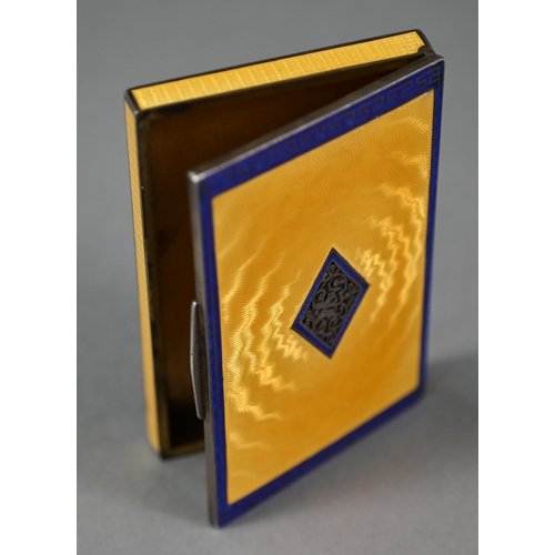 170 - An Austro-Hungarian .950 grade card case, the yellow and blue guilloche enamel body with ornately-pi... 